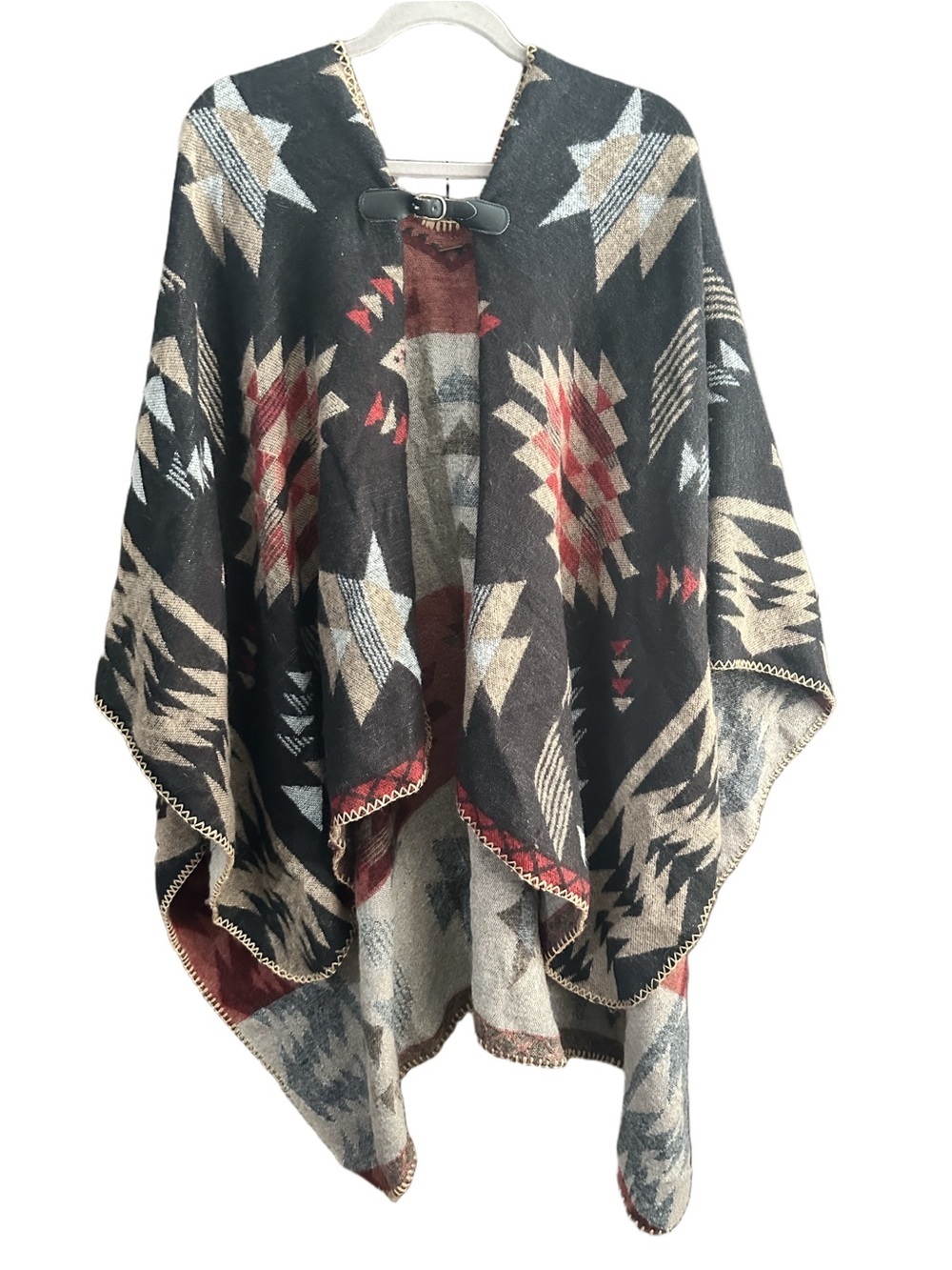 Aldo Black Aztec Patterned Poncho with Red & Cream Accents Western Boho US OS
